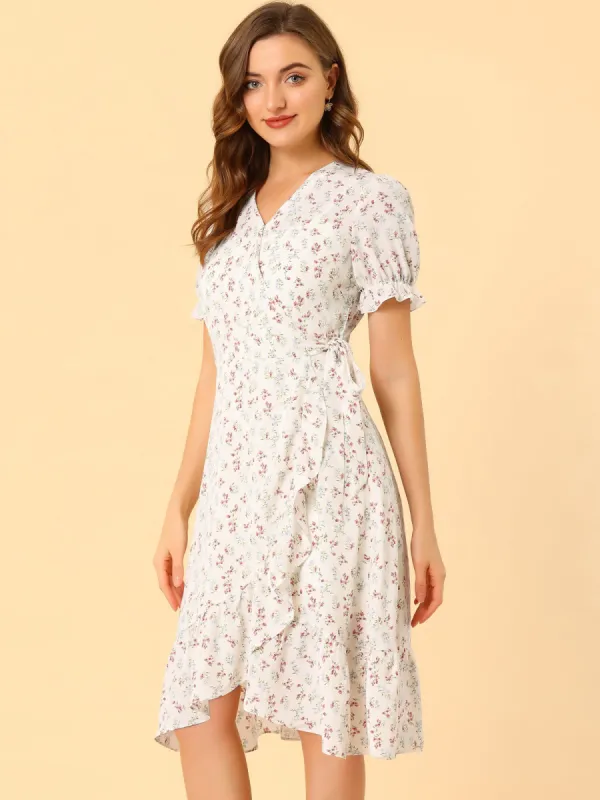 Floral Puff Sleeve V Neck Tie Belt Ruffle Hem Midi Wrap Dress sold by Allegra K