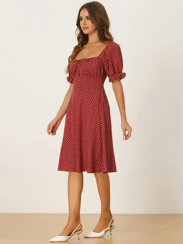 Heart Dots Lace Up Off Shoulder Puff Sleeve Smocked Back Midi Dress sold by Allegra K