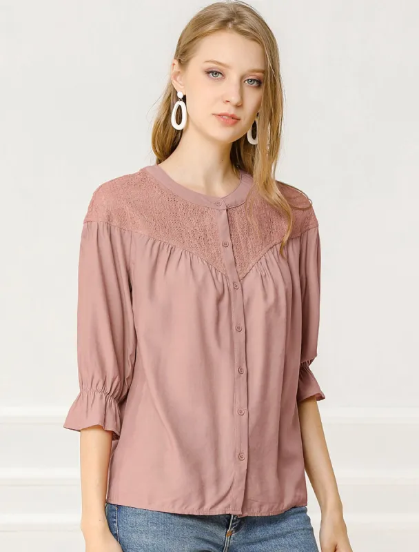 Lace Panel Blouse 3/4 Sleeve Round Neck Button Down Shirt sold by Allegra K