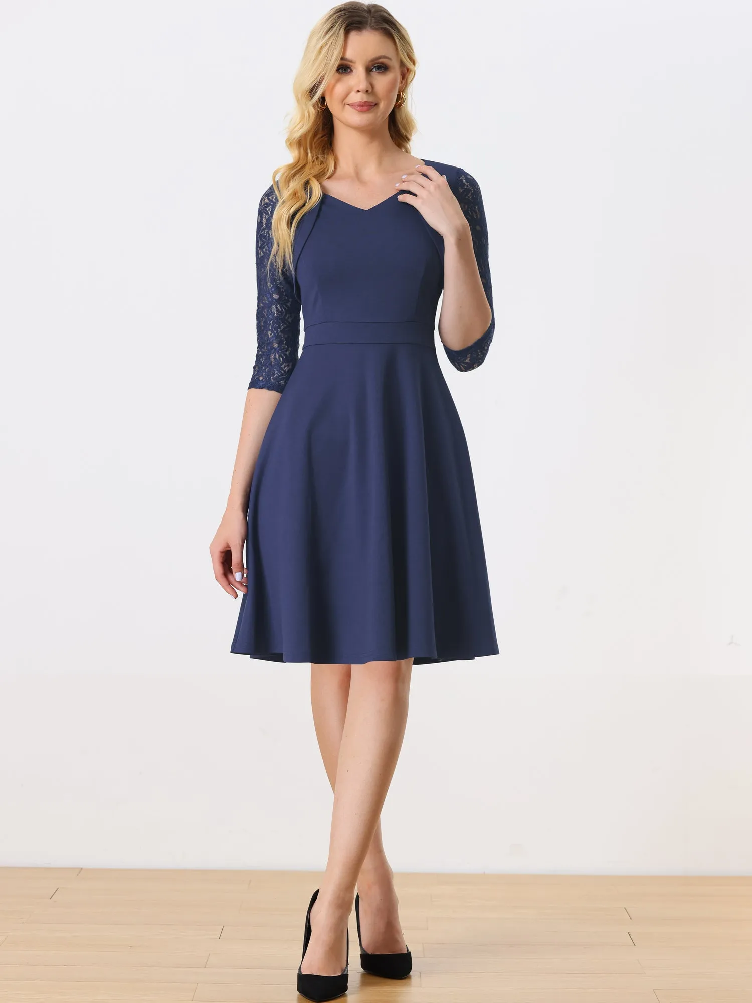 Contrast Lace 3/4 Sleeve High Waist Office A-Line Dress sold by Allegra K