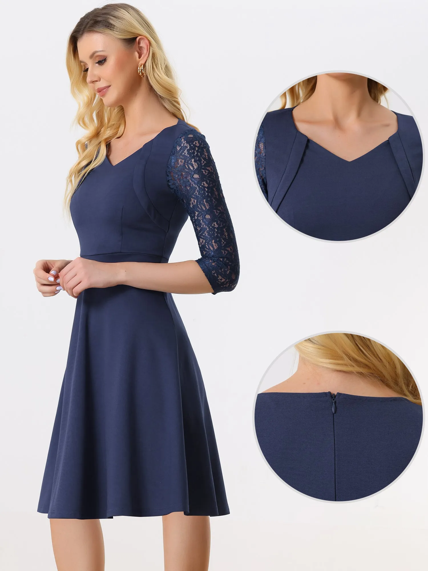 Contrast Lace 3/4 Sleeve High Waist Office A-Line Dress sold by Allegra K product image thumbnail 2