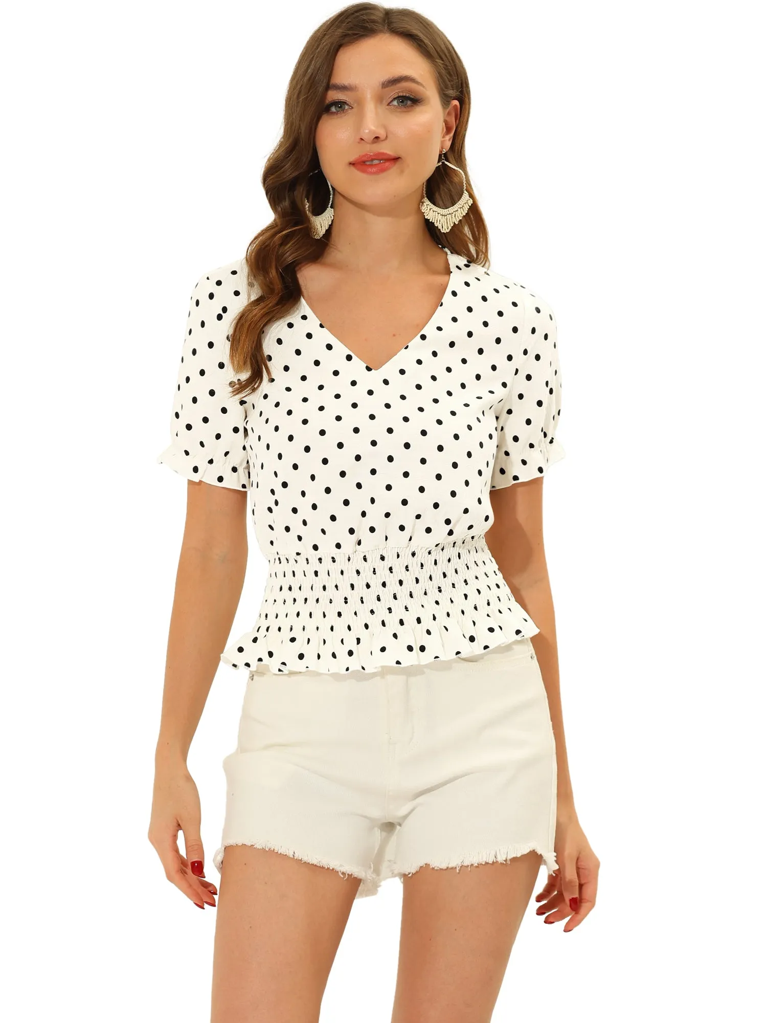 Boho V Neck Polka Dots Short Sleeve Ruffle Peplum Smocked Tops sold by Allegra K product image thumbnail 5