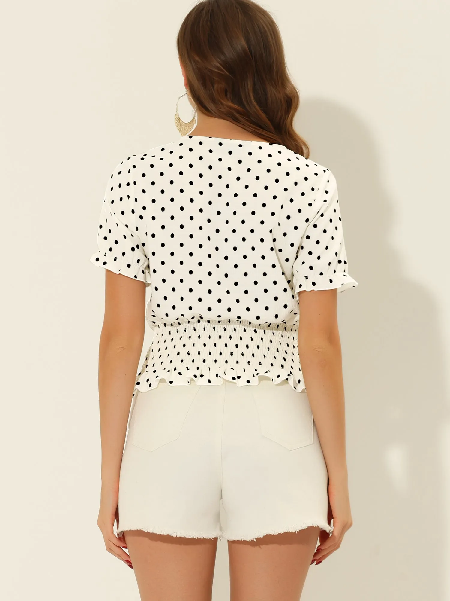 Boho V Neck Polka Dots Short Sleeve Ruffle Peplum Smocked Tops sold by Allegra K product image thumbnail 3