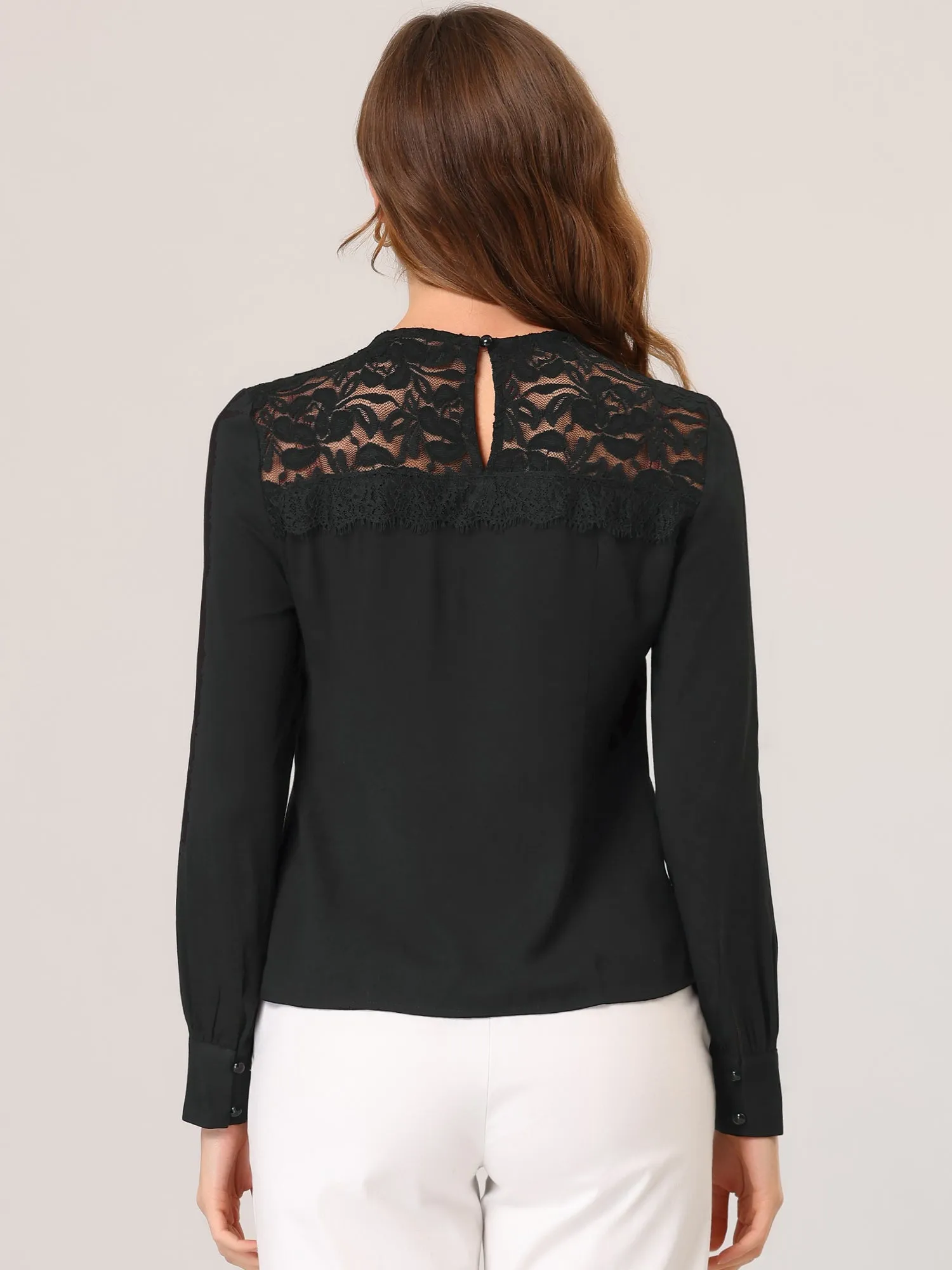 Lace Panel Top Round Neck Long Sleeve Solid Color Tops sold by Allegra K product image thumbnail 3