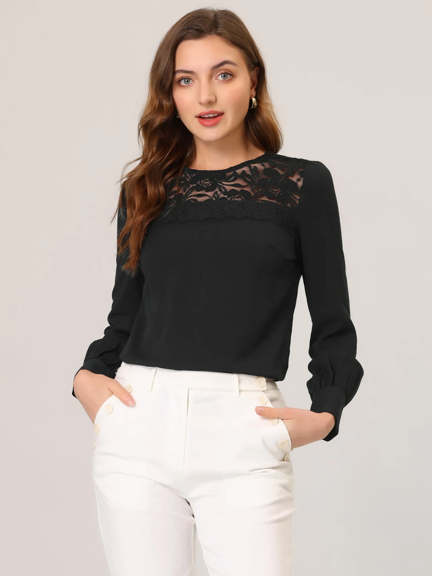 Lace Panel Top Round Neck Long Sleeve Solid Color Tops sold by Allegra K product image thumbnail 2