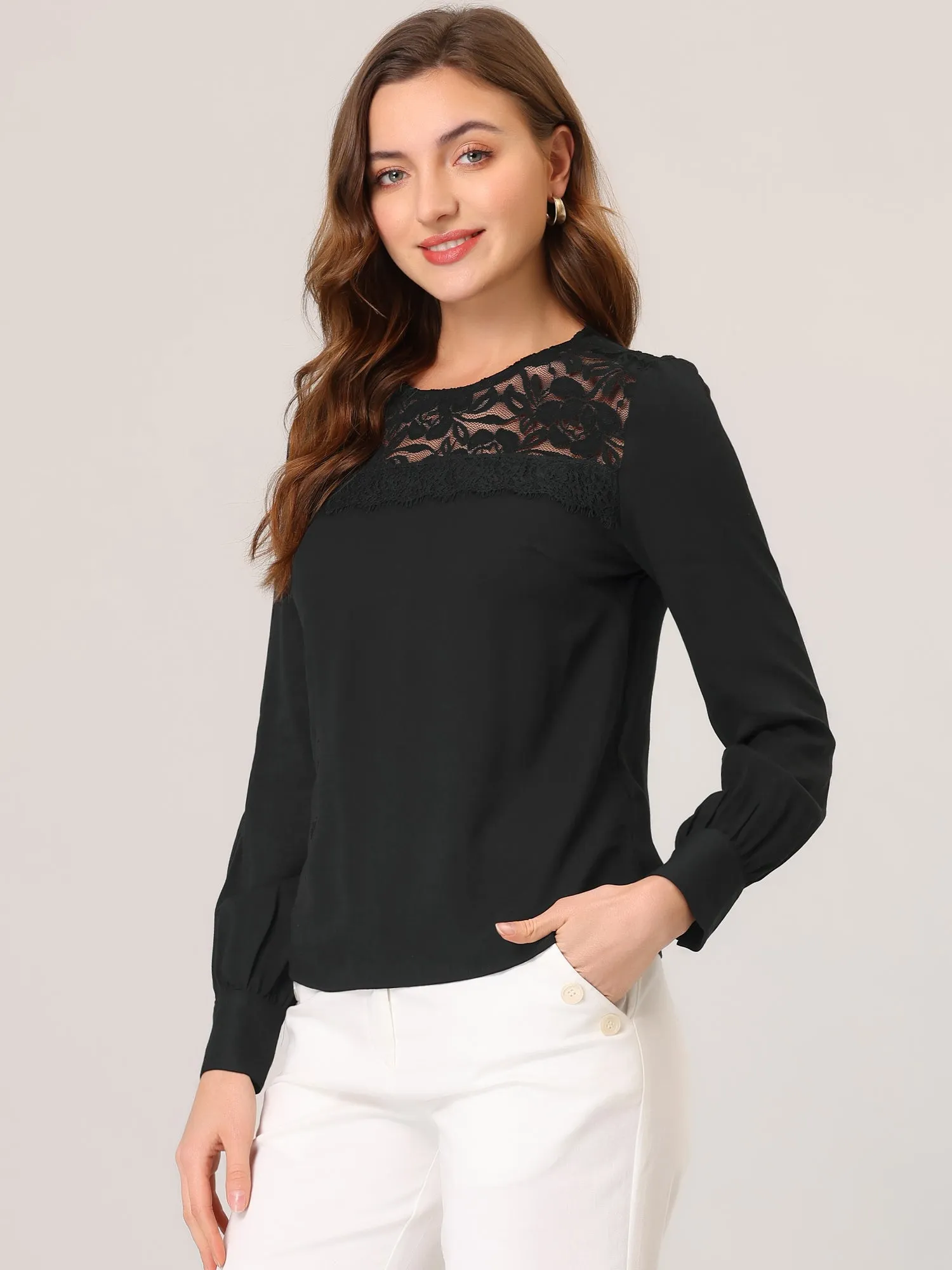 Lace Panel Top Round Neck Long Sleeve Solid Color Tops sold by Allegra K
