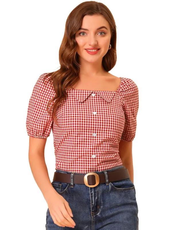 Women's Plaid Grid Smocked Back Square Neck Blouse Top sold by Allegra K