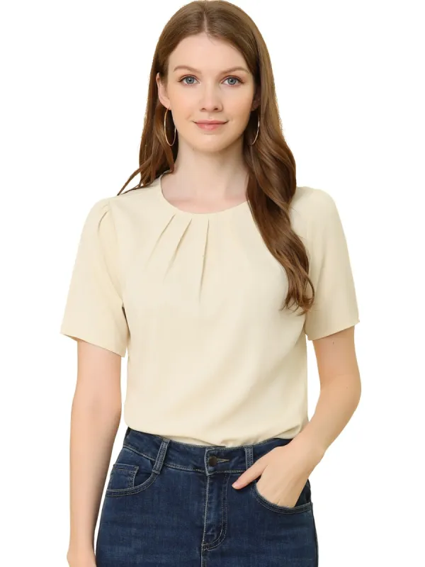 Women's Casual Pleated Round Neck Office Short Sleeve Blouse Tops sold by Allegra K