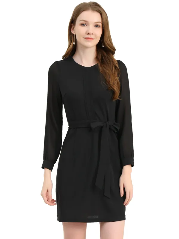 Women's Elegant Sheer Panel Chiffon Contrast Color Long Sleeve Stretchy Knit Dress sold by Allegra K