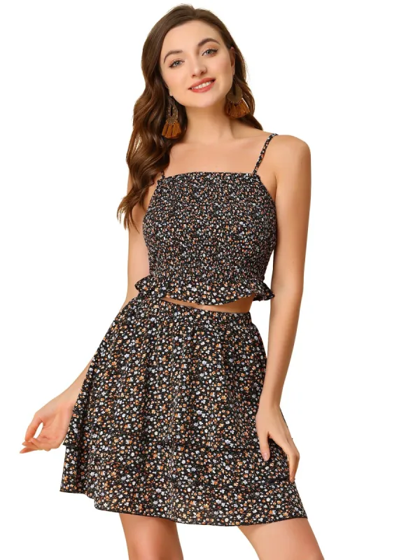 Women's Summer 2 Piece Outfit Dress Cami Crop Top Tiered Floral Skirt Set sold by Allegra K