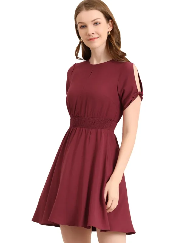 Women's Smocked Waist Round Neck Keyhole Front Short Sleeve Mini Dress sold by Allegra K