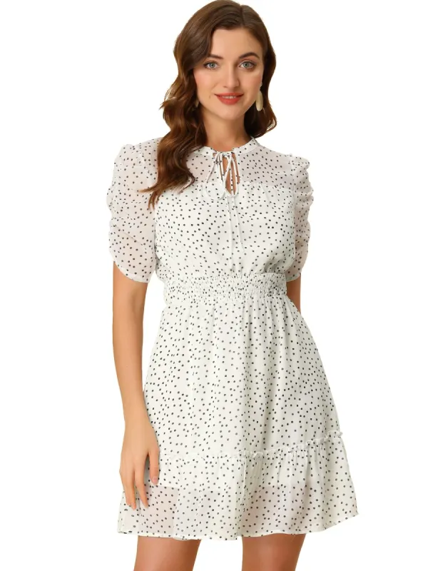 Women's Polka Dots Bow Tie Neck Elastic Waist Ruched Puff Sleeves Chiffon Dress sold by Allegra K