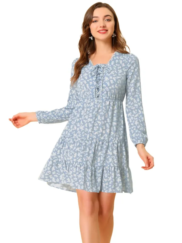 Women's Ditsy Floral Lace Up Elegant Chiffon Tie Front A-Line Mini Dress sold by Allegra K