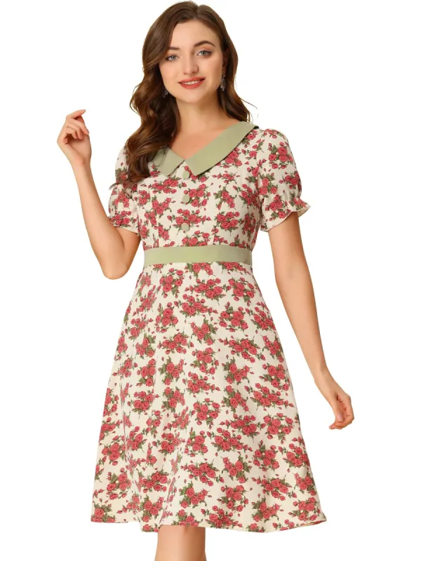 Women's Floral Dress V Neck Short Sleeve Contrast Color Dresses sold by Allegra K