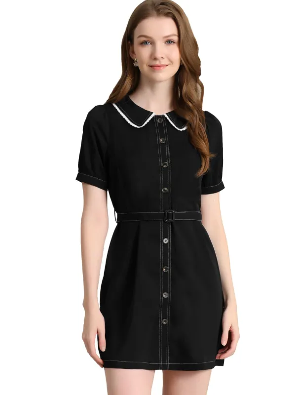 Women's Peter Pan Collar Tie Belt Button Front Chiffon A-Line Mini Shirt Dress sold by Allegra K