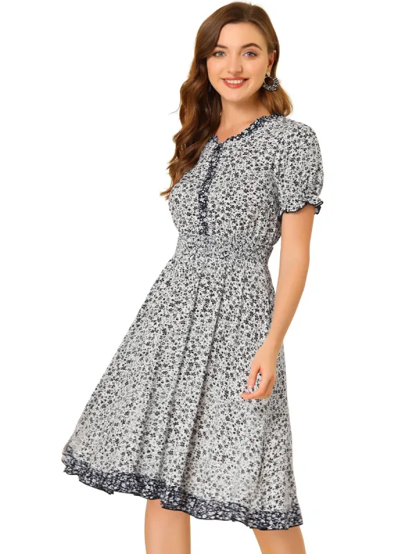 Women's Floral Sundress Ruffle Neck Smocked Waist Short Sleeve Dress sold by Allegra K