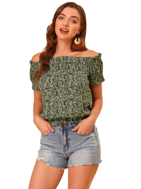 Women's Off Shoulder Cotton Puff Sleeve Elastic Waist Floral Cami Blouse Top sold by Allegra K