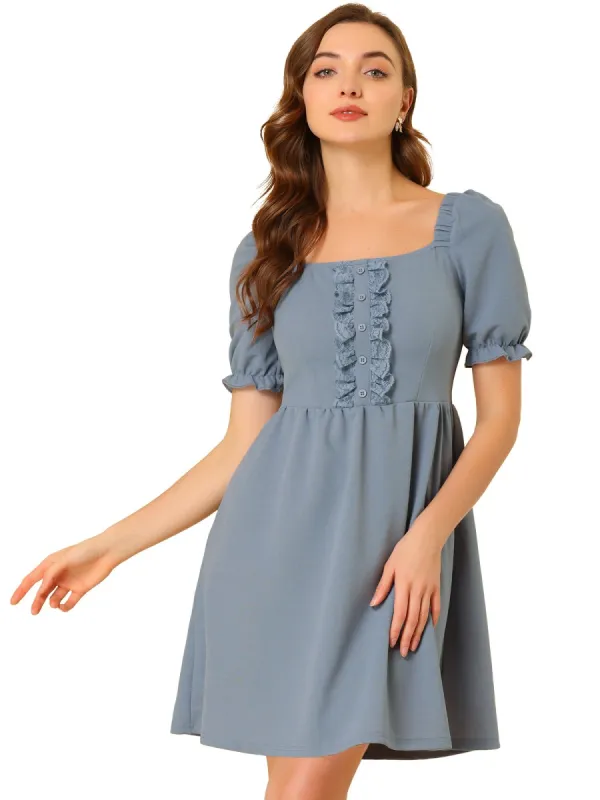 Women's Elegant Square Neck Lace Insert Puff Short Sleeve Dress sold by Allegra K