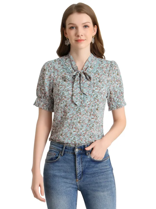 Women's Tie V Neck Turn Down Collar Lace Trim Puff Sleeve Floral Blouse Top sold by Allegra K