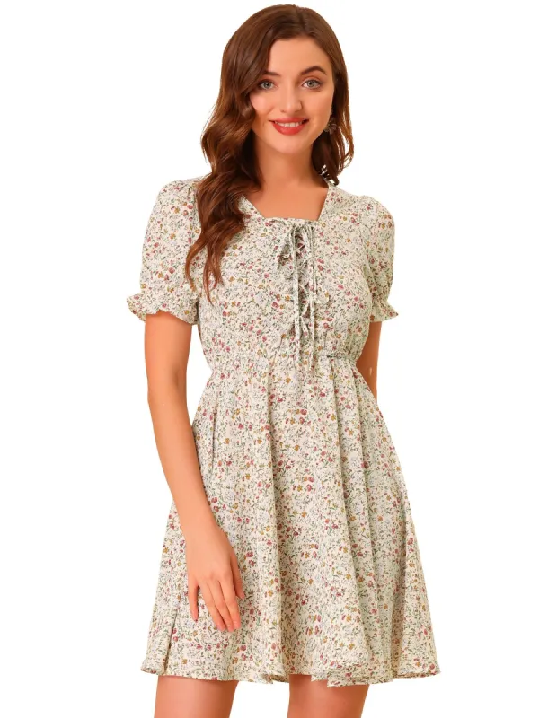 Women's Front Drawstring Long Ruffle Bubble Sleeve Square Neck Floral Mini Dress sold by Allegra K