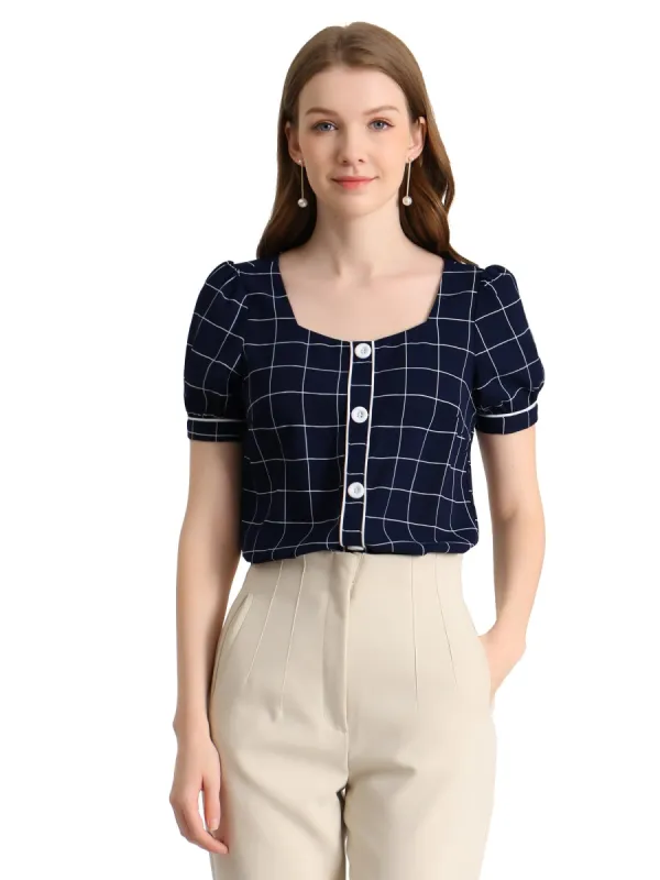 Women's Plaid Square Neck Short Puff Sleeve Button Decor Blouse Top sold by Allegra K