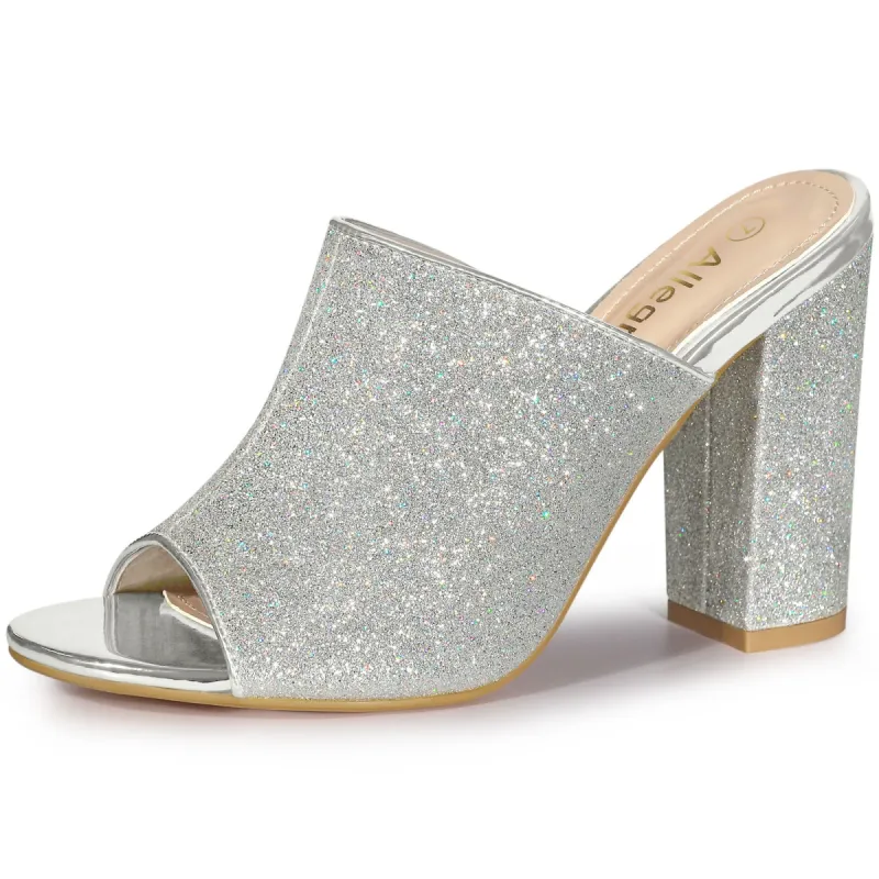 Women's Glitter Slip on Chunky Heels Mule Sandals sold by Allegra K