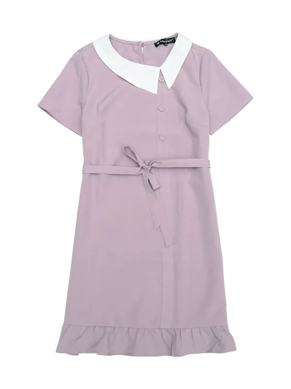 Women's Solid Peter Pan Collar Ruffle Hem Short-Sleeve Tie Shirt Dress sold by Allegra K