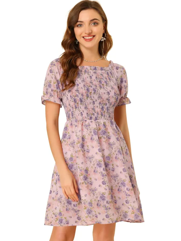 Women's Floral Print Off Shoulder Short Sleeve Smocked Dress sold by Allegra K