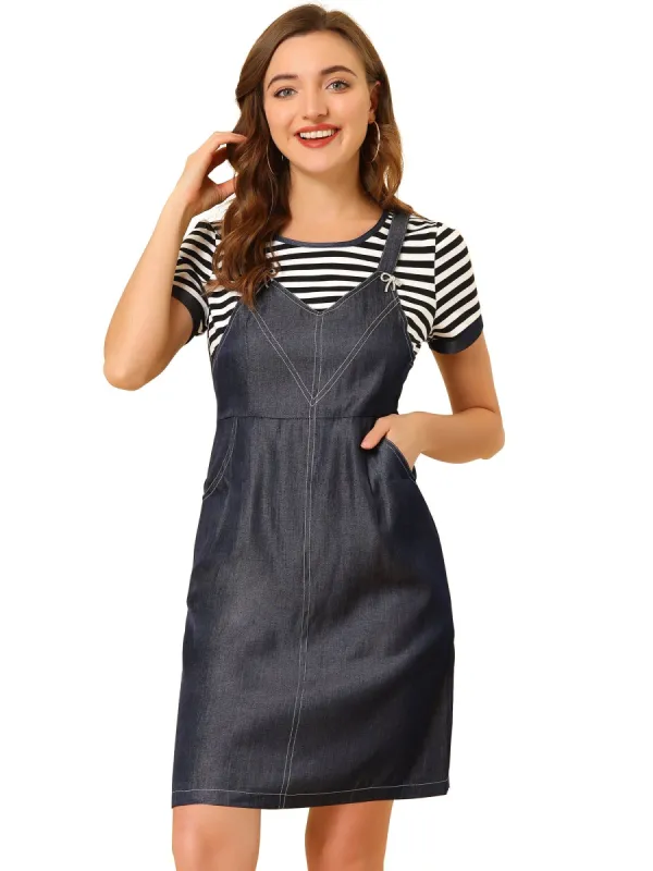 Women's Round Neck Stripe Tops Short Sleeve Suspender Stitching Dresses sold by Allegra K