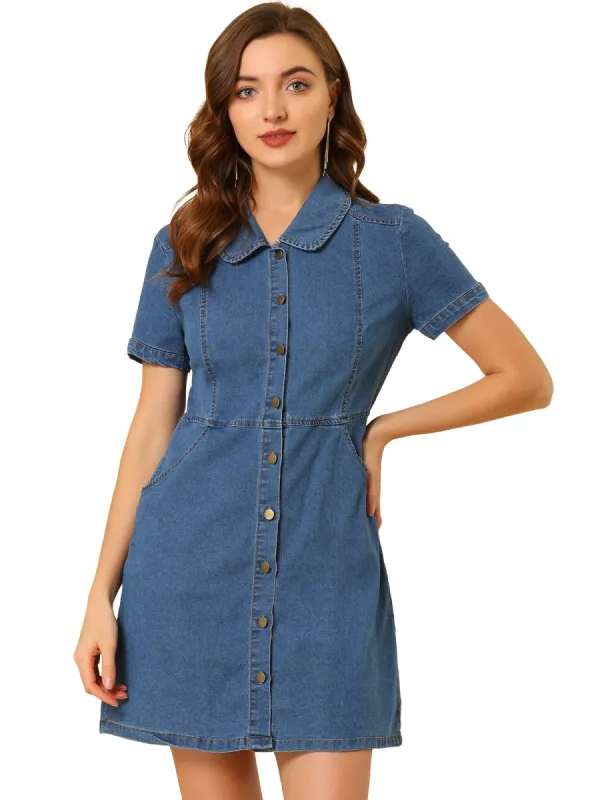 Women's Denim Dress Peter Pan Collar Button Up Jean Dresses sold by Allegra K