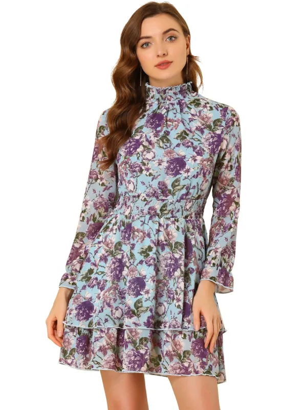 Women's Floral Dress Chiffon Mock Neck Layered Sheer Smock Waist Mini Dresses sold by Allegra K