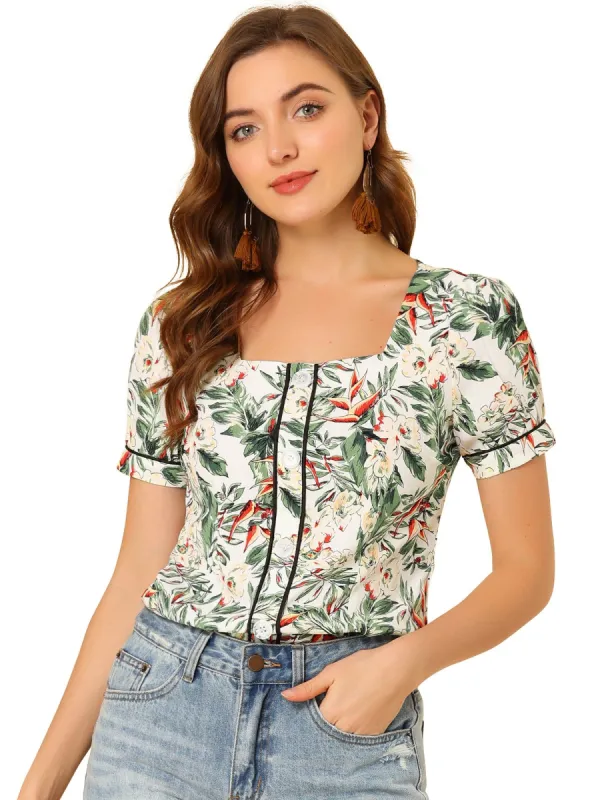 Women's Floral Blouses Puff Short Sleeve Square Neck Piping Button Decor Tops sold by Allegra K
