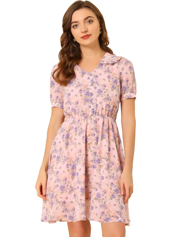 Women's Floral Peter Pan Collar Ruffle Puff Sleeve Sheer Chiffon Short Sleeve Dress sold by Allegra K