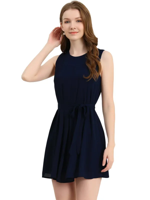 Women's Sleeveless Dress Crewneck Pleated Front Belted Chiffon Dress sold by Allegra K