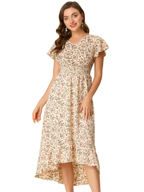 Women's Smocked Floral High Low Summer Maxi Dress made by Allegra K