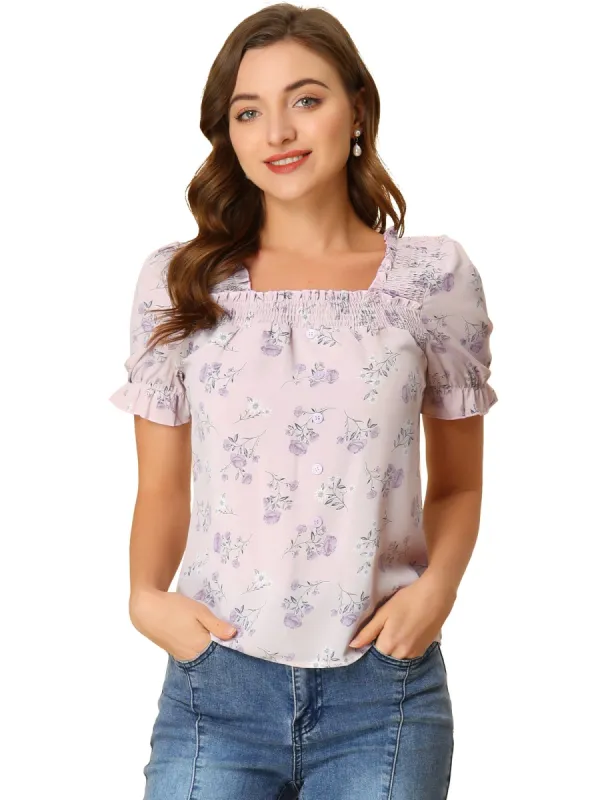 Women's Square Neck Puff Short Sleeve Ruched Front Ruffle Floral Blouse Top sold by Allegra K