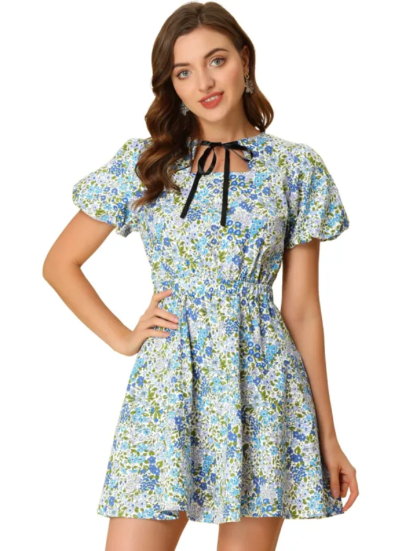 Women's Summer Tie Neck Keyhole Puff Short Sleeve Floral Mini Dress sold by Allegra K