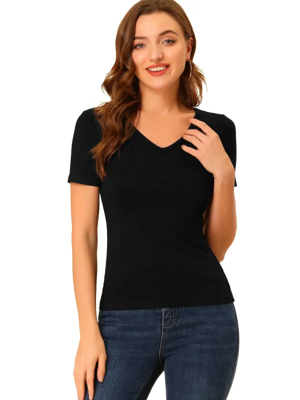 Women's Basic Top V Neck Short Sleeves Fitted Casual Soft T-Shirt sold by Allegra K