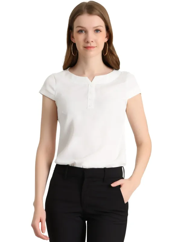 Women's Blouse Round Neck Cap Sleeve Button Decor Tops sold by Allegra K