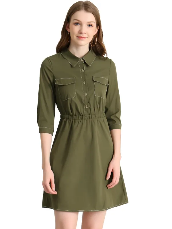 Women's Safari Dresses Contrast Stitch Half Placket 3/4 Sleeves Shirt Dress sold by Allegra K