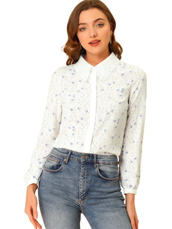 Women's Floral Blouse Lace Doll Collar Contrast Long Sleeve Button Down Shirt sold by Allegra K