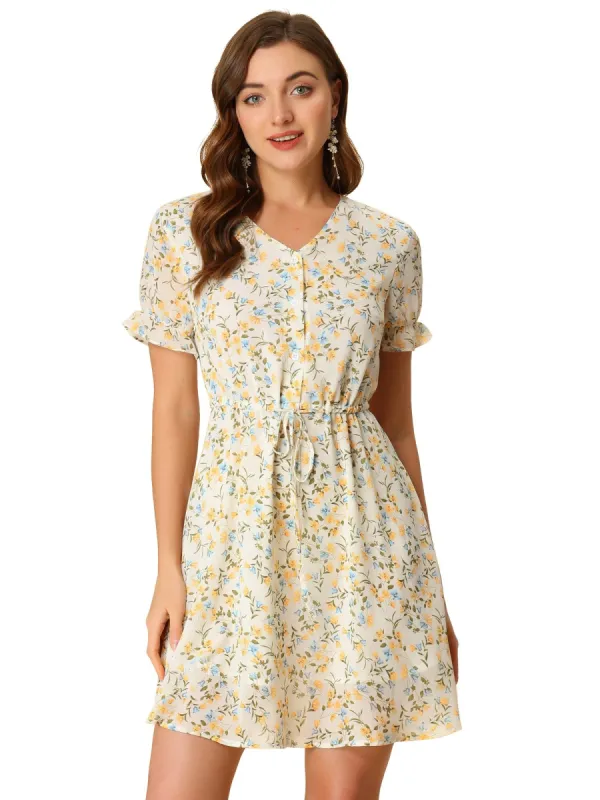 Women's Puff Short Sleeve V Neck Floral Ruffle Chiffon Drawstring Waist Summer Dress sold by Allegra K
