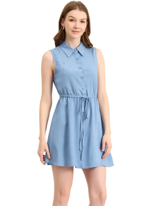 Women's Mini Dress Sleeveless Turndown Collar Button Up Pleated Drawstring Waist Shirt Dresses sold by Allegra K