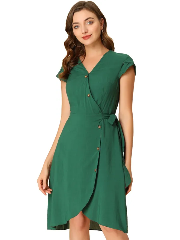 Women's V Neck Ruffle Hem Short Sleeve Faux Wrap Dress made by Allegra K