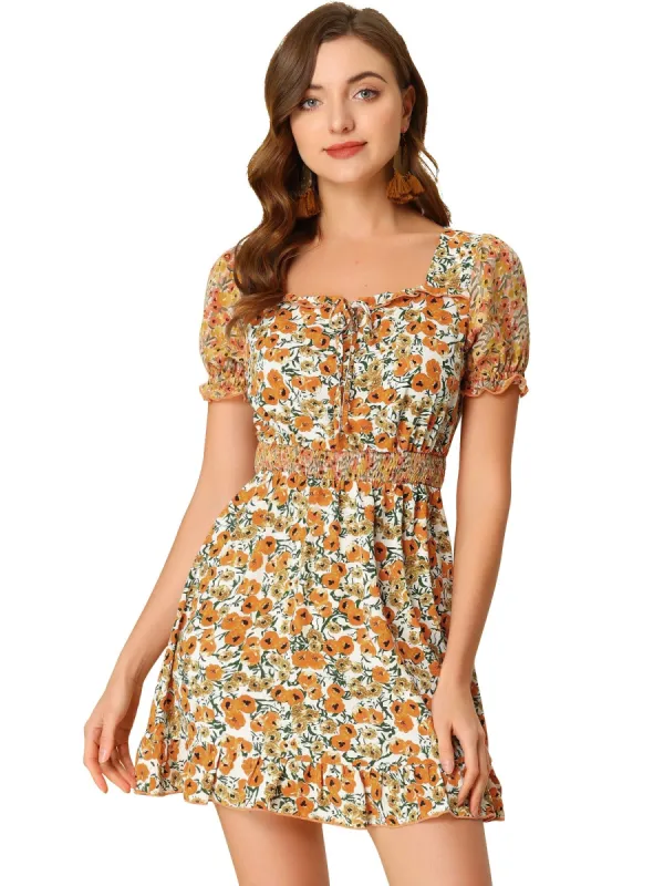 Women's Mini Dress Square Neck Ruffle Floral Boho Puff Short Sleeve Summer Dresses sold by Allegra K