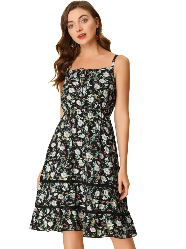 Women's Spaghetti Strap Dress Bohemian Ditsy Floral Summer Beach Flowy Sundress sold by Allegra K