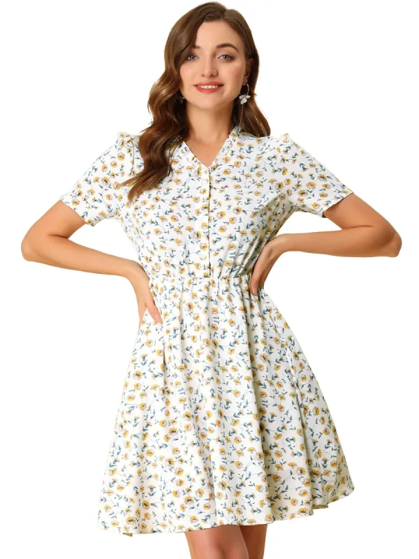 Women's Floral Print Ruffle V Neck Button Up Dress sold by Allegra K