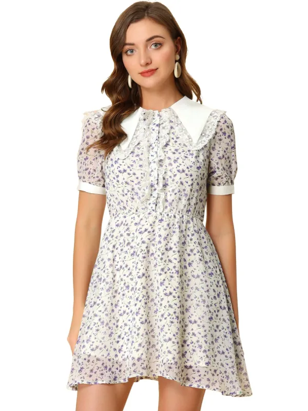 Women's Doll Collar Lace Decor Button Up Floral Dress sold by Allegra K