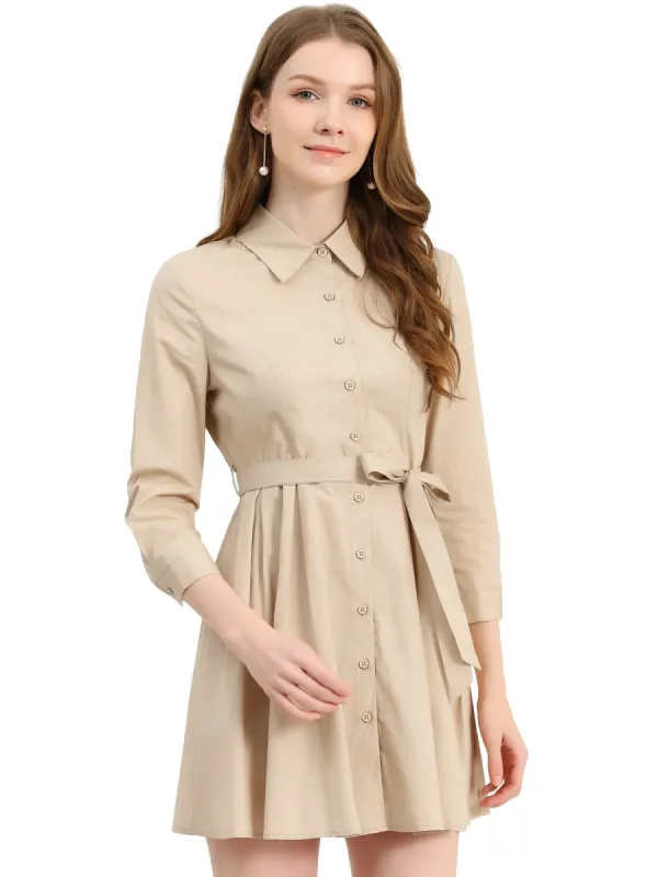 Women's Point Neck Button Up Long Sleeve Belted Shirt Dress sold by Allegra K