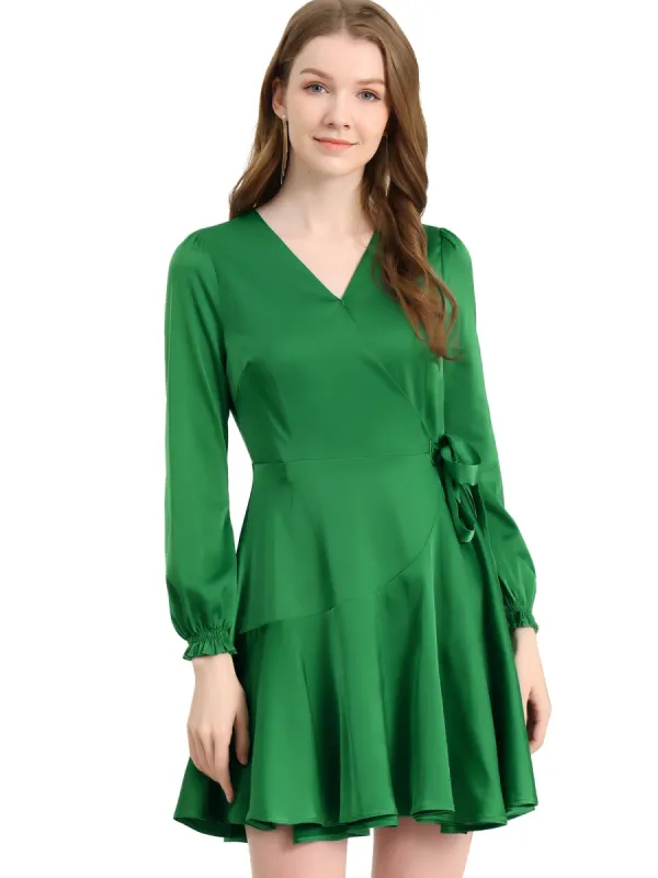 Women's Puff Sleeve Tie Waist Ruffle Hem Satin Wrap Mini Dress sold by Allegra K